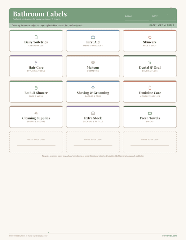 Preview of Bathroom Organization Labels + Zone Plan, Free Printable