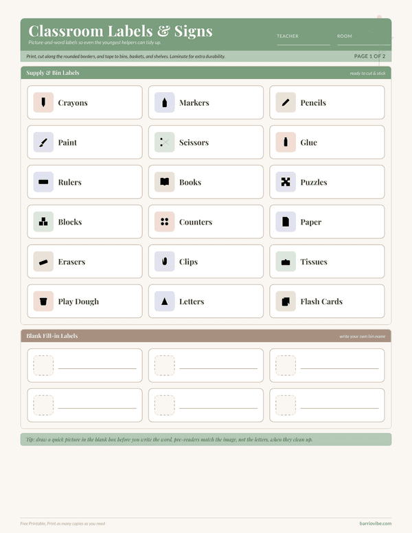 Preview of Classroom Labels & Signs, Free Printable