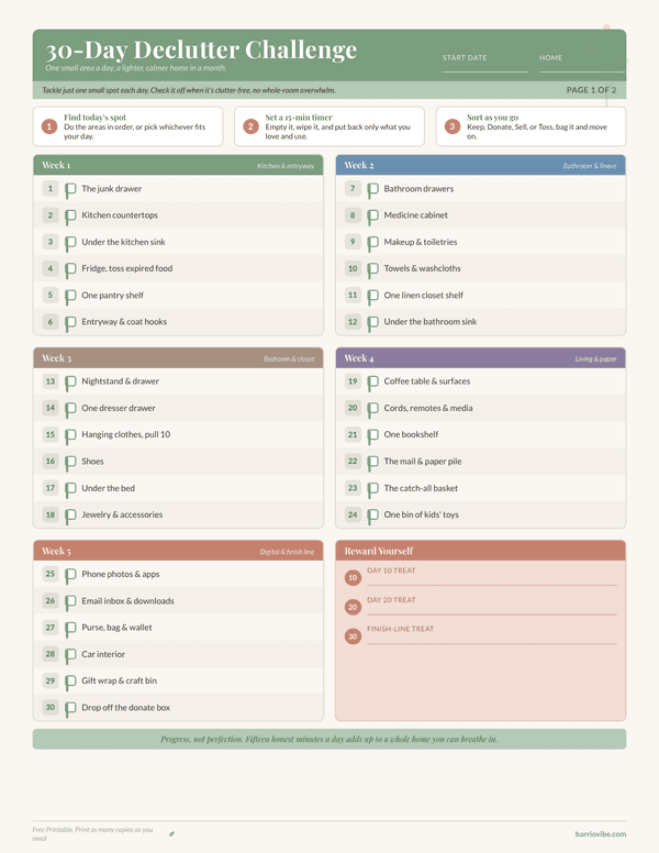 Preview of 30-Day Declutter Challenge, Free Printable