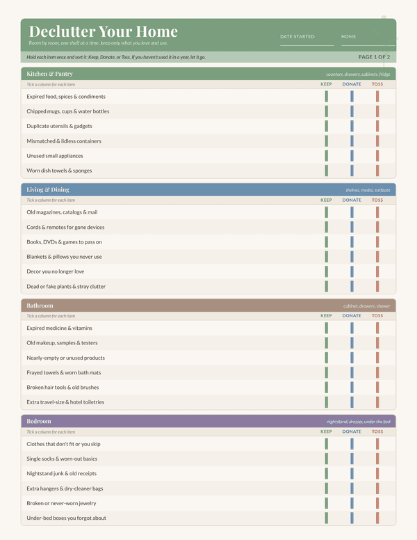 Preview of Declutter Your Home Checklist, Free Printable