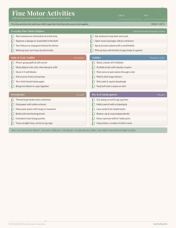 Preview of Fine Motor Activities Checklist, Free Printable