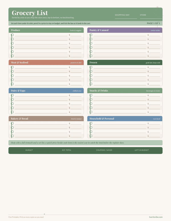 Preview of Grocery List Template (By Aisle), Free Printable