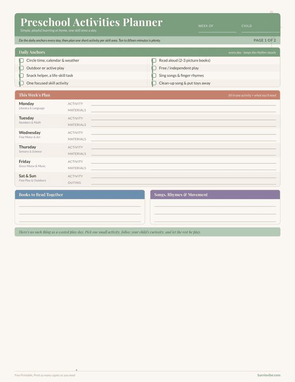 Preview of Preschool Activities Planner, Free Printable