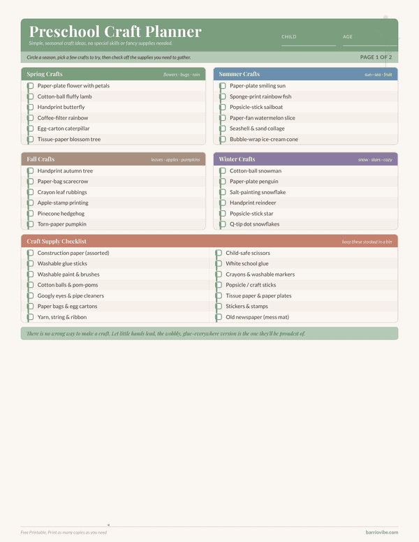Preview of Preschool Crafts Idea Planner, Free Printable