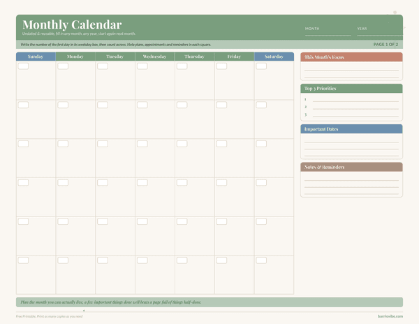 Preview of Undated Monthly Calendar, Free Printable