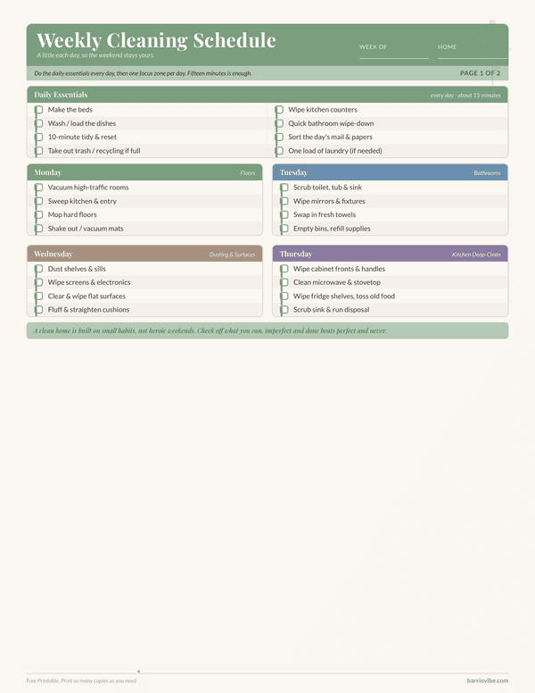 Preview of Weekly Cleaning Schedule, Free Printable