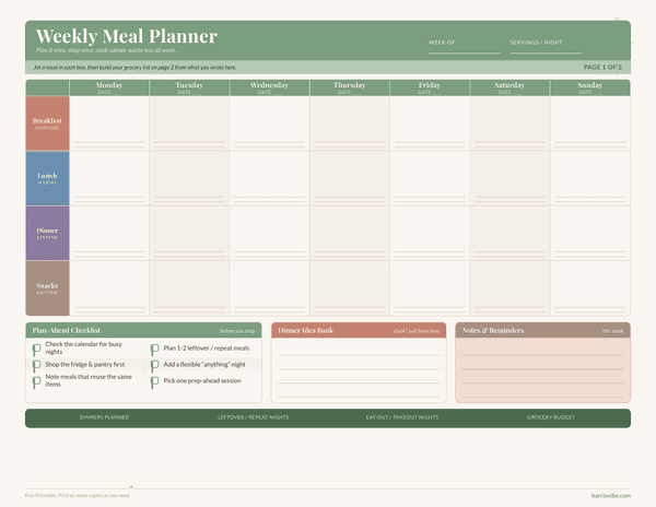 Preview of Weekly Meal Planner, Free Printable