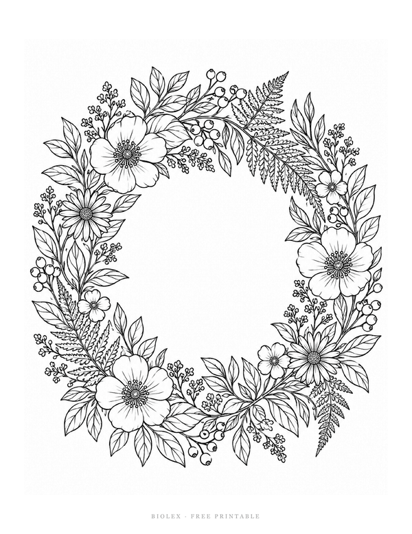 Preview of Botanical Wreath Coloring Page, Free Printable